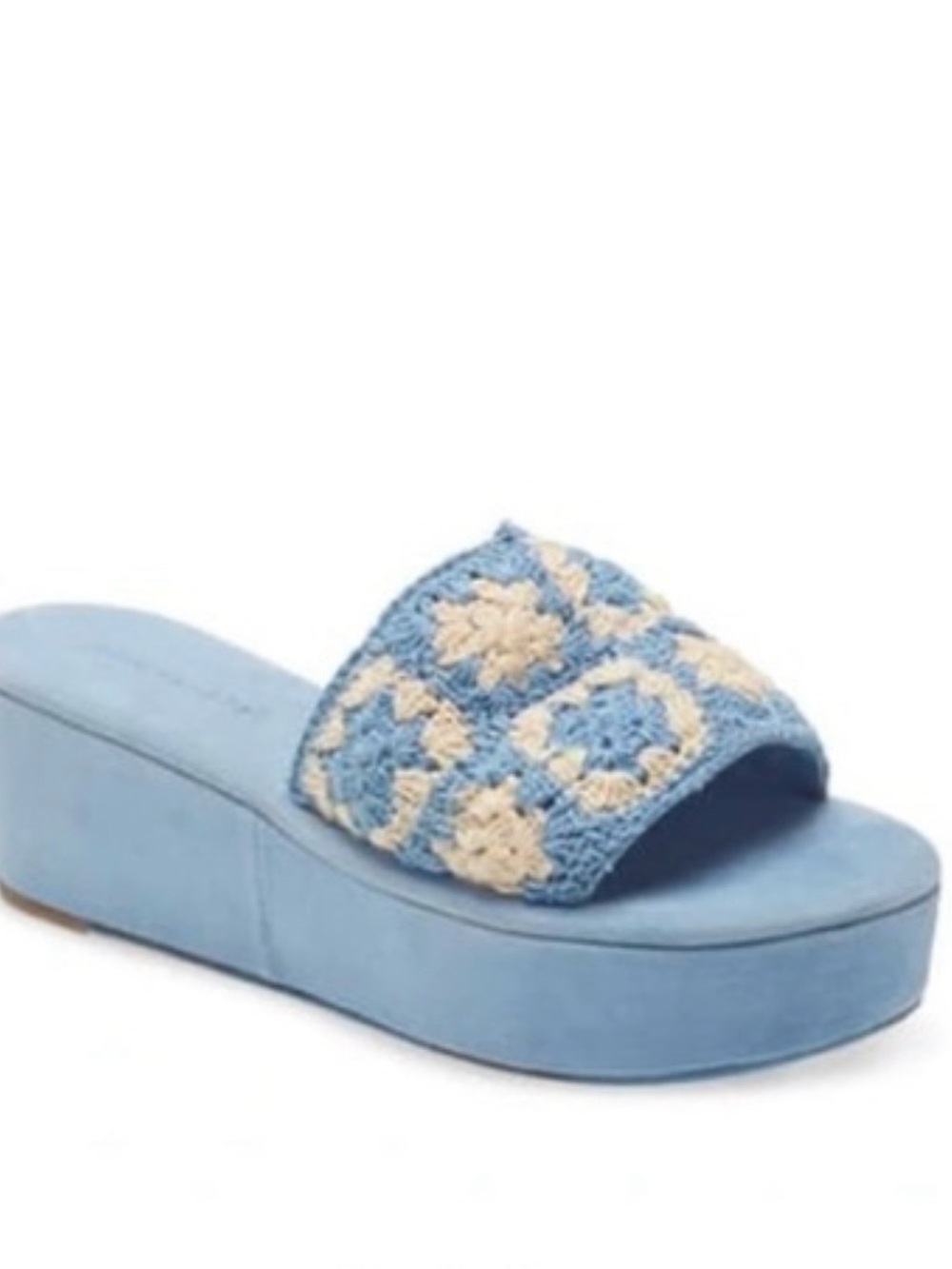 Jeffrey Campbell Light Blue Crochet Platform Slide with Cream Floral Accents